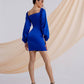 Blue satin dress with voluminous sleeves