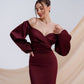 Burgundy satin dress with voluminous sleeves