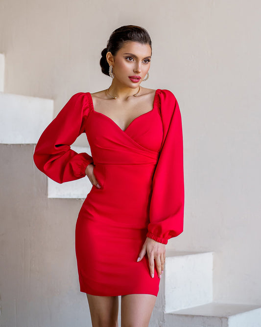 Red mini dress with voluminous sleeves 