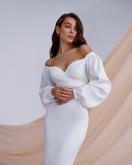 Milk satin midi dress with voluminous sleeves