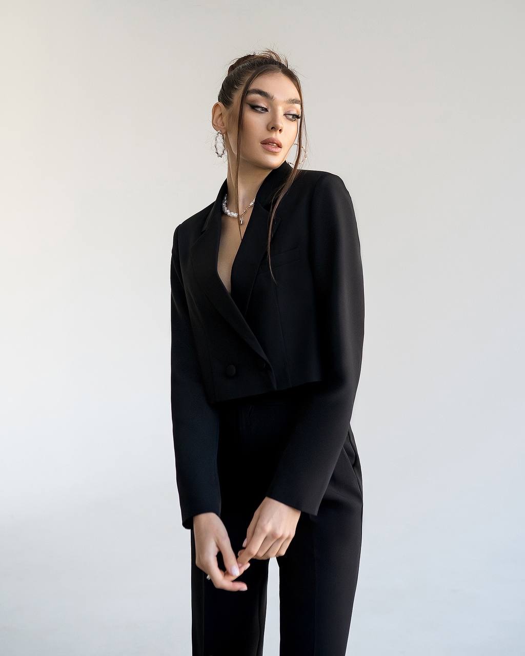 Black suit crop jacket and pants with slits