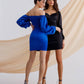 Blue satin dress with voluminous sleeves