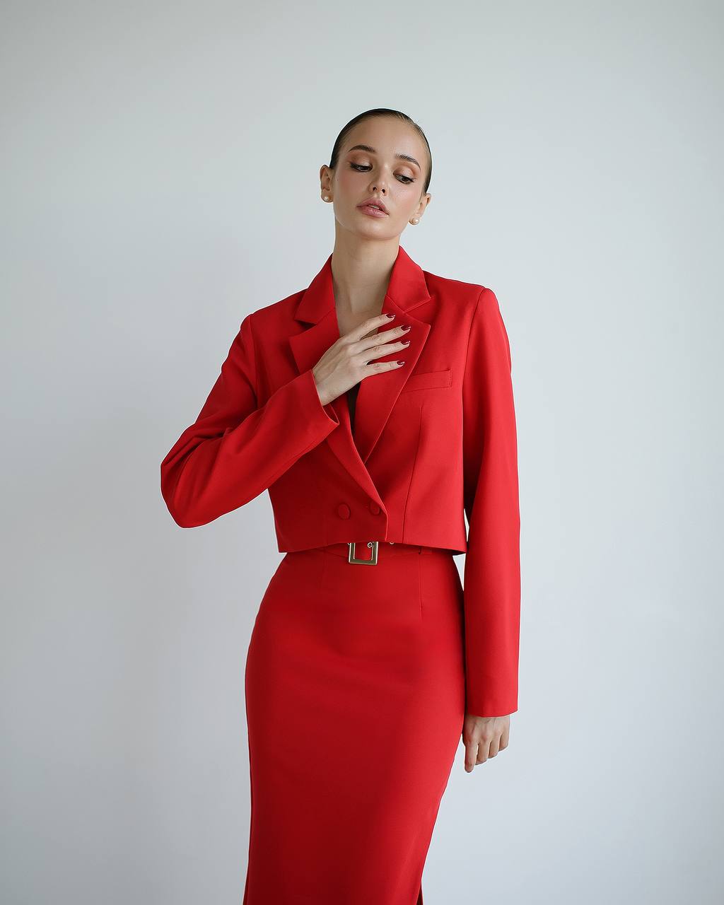 Red suit crop jacket and skirt with slit