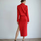 Red suit crop jacket and skirt with slit