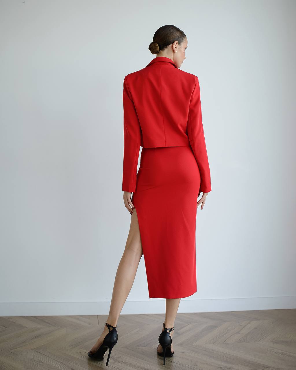 Red suit crop jacket and skirt with slit