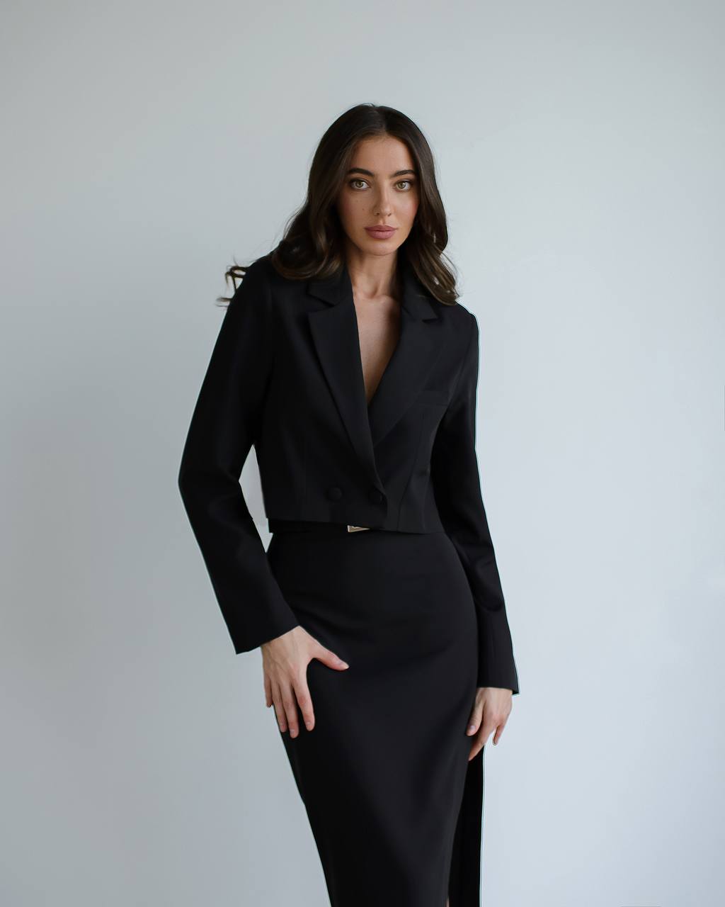 Black suit crop jacket and pencil skirt