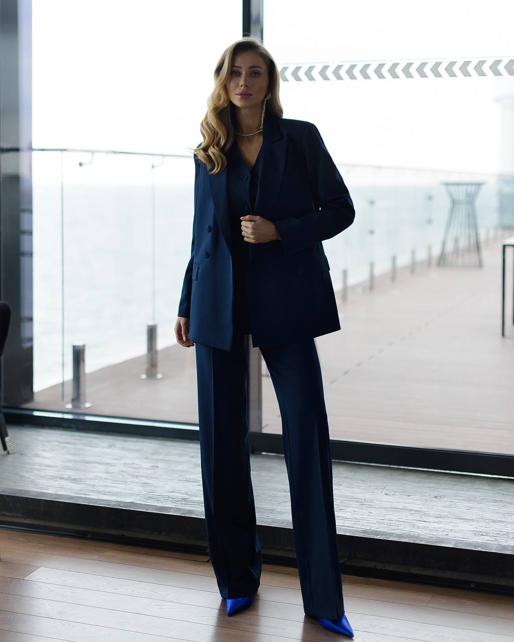 Dark blue three-piece suit with vest