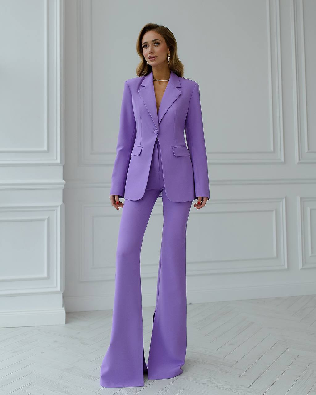 Purple suit jacket and flared pants with slits