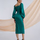 Emerald satin midi dress with voluminous sleeves