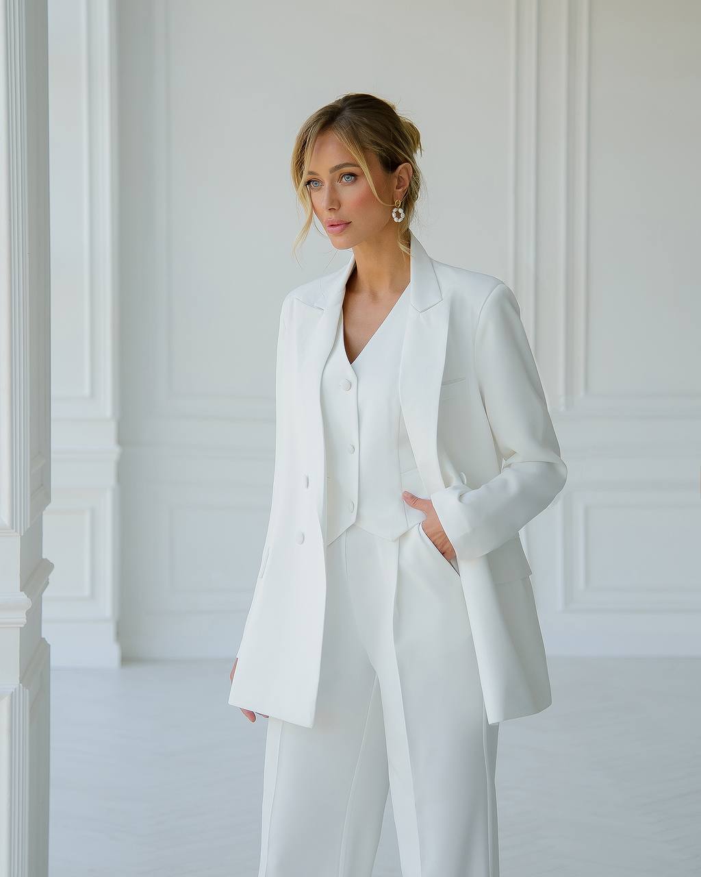 Three-piece milk suit with vest