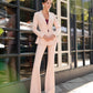 Beige suit with a peplum jacket and flared pants