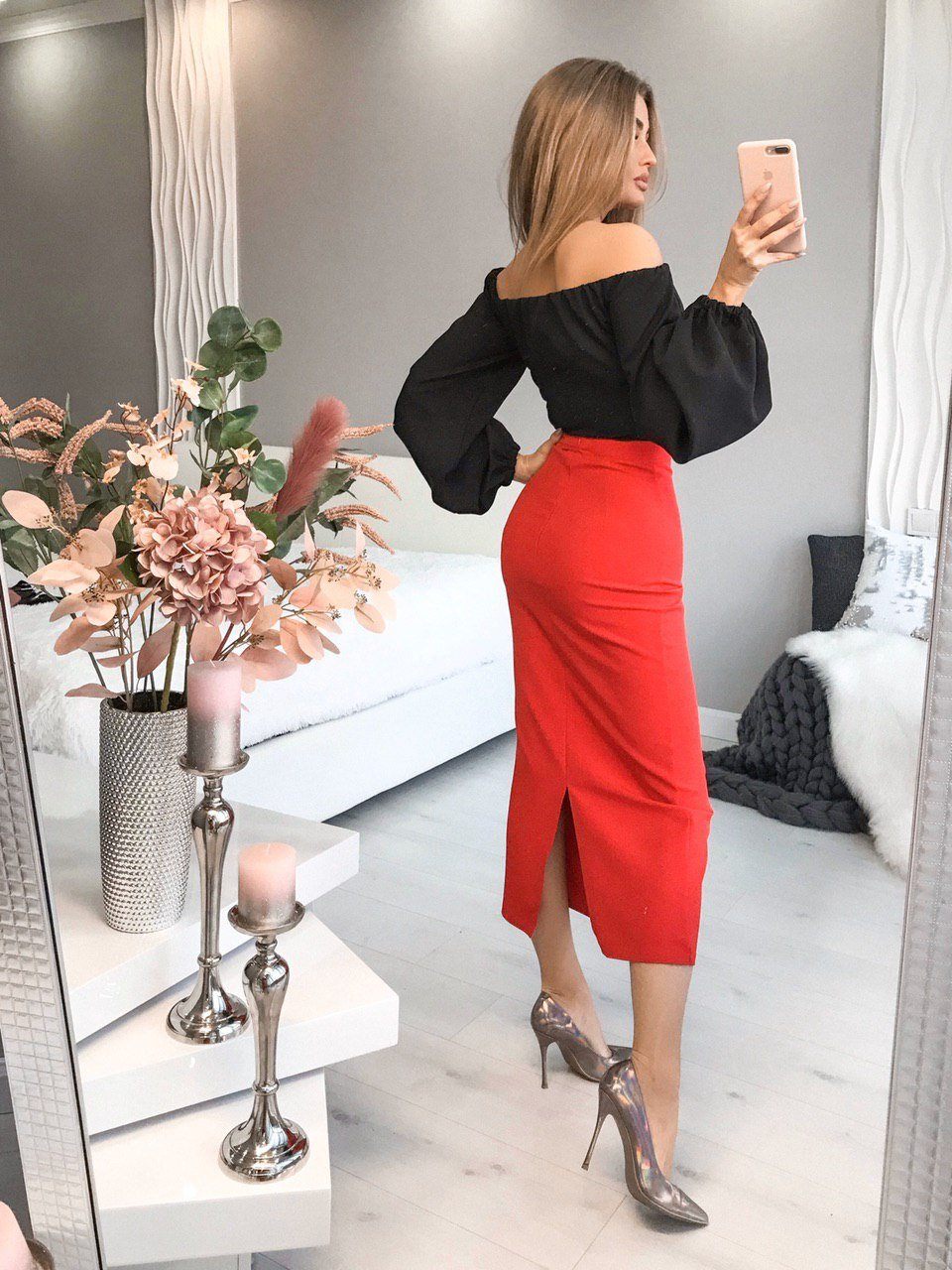 Red pencil skirt