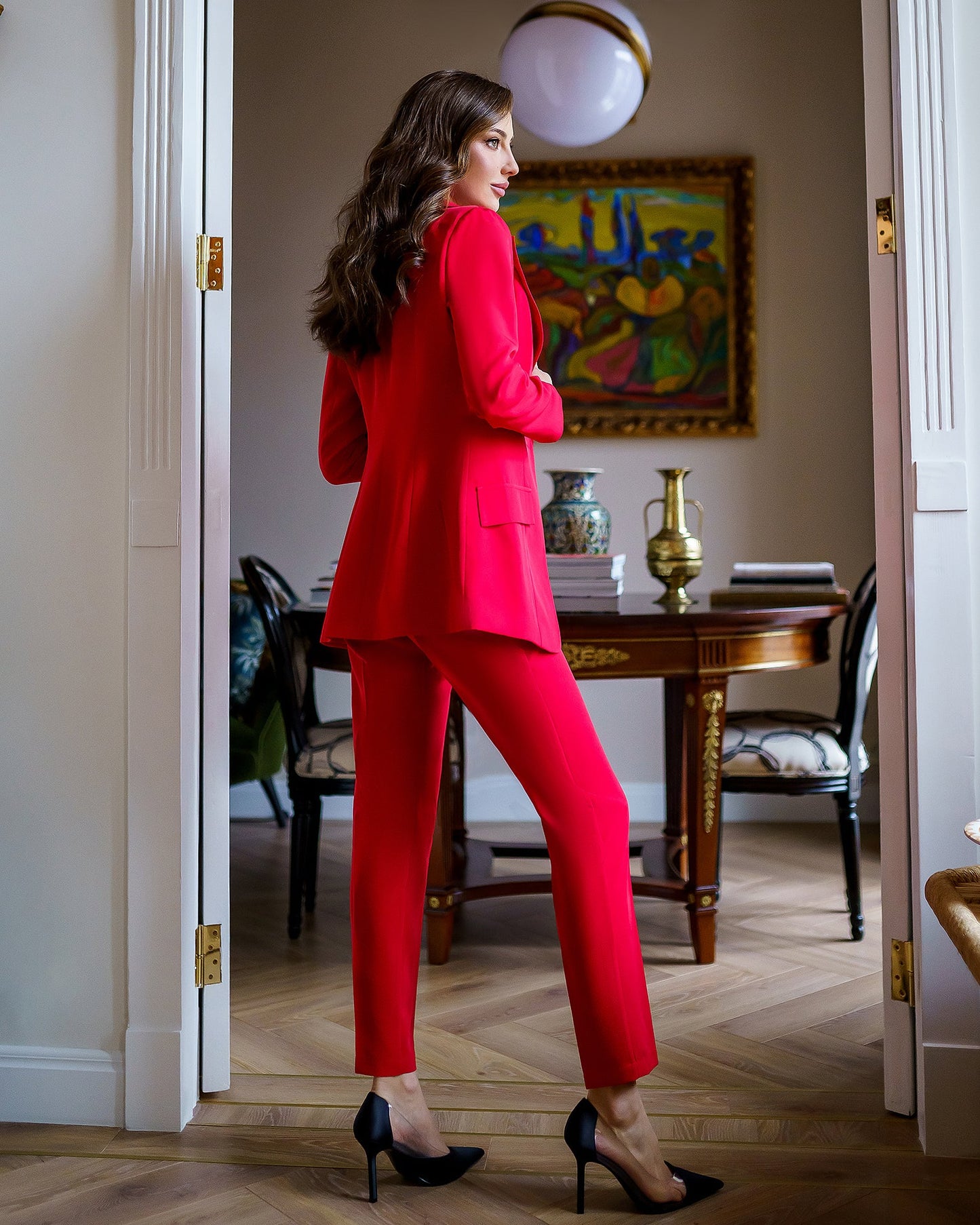 Red three-piece suit with vest