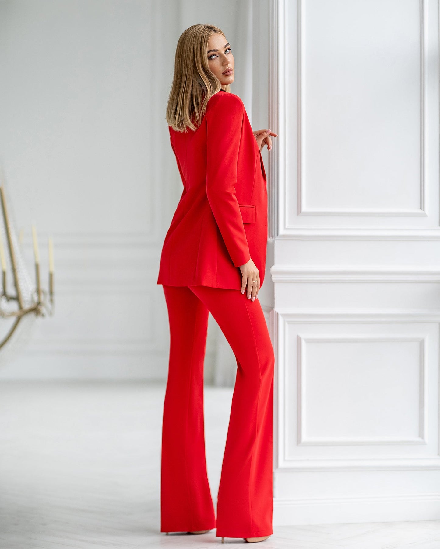 Red three-piece suit with vest and straight pants