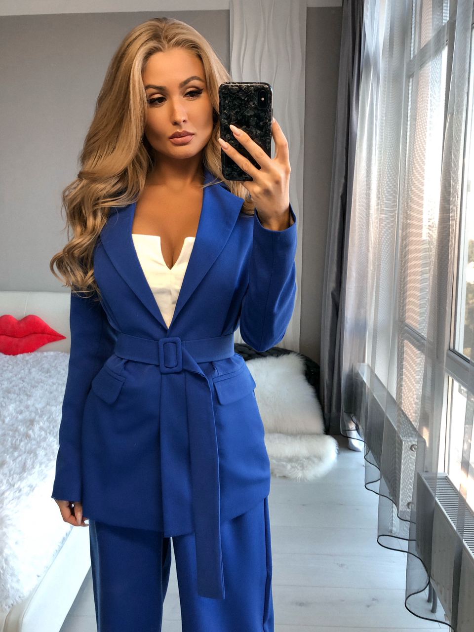 Blue suit with wide pants and belt included