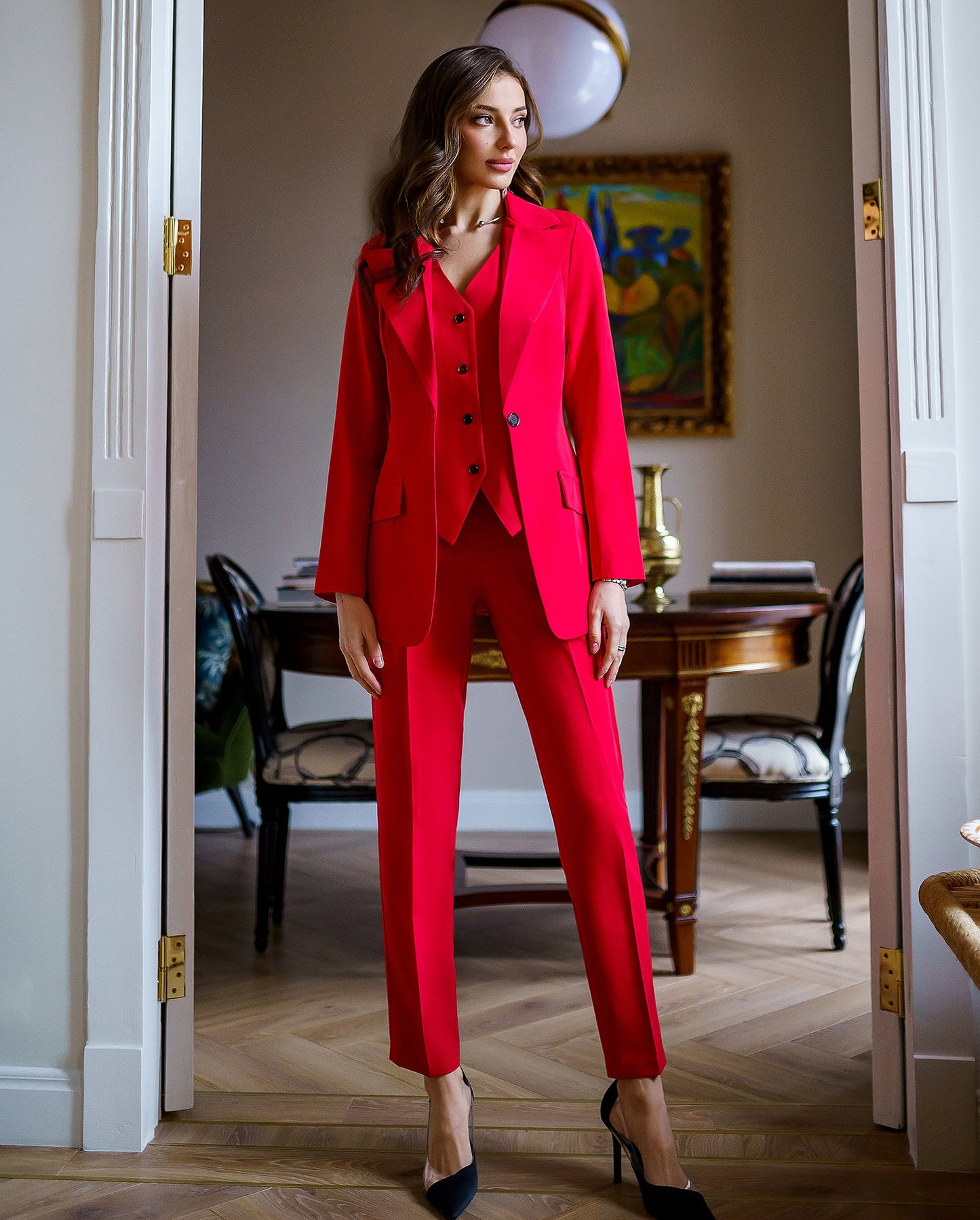 Red three-piece suit with vest