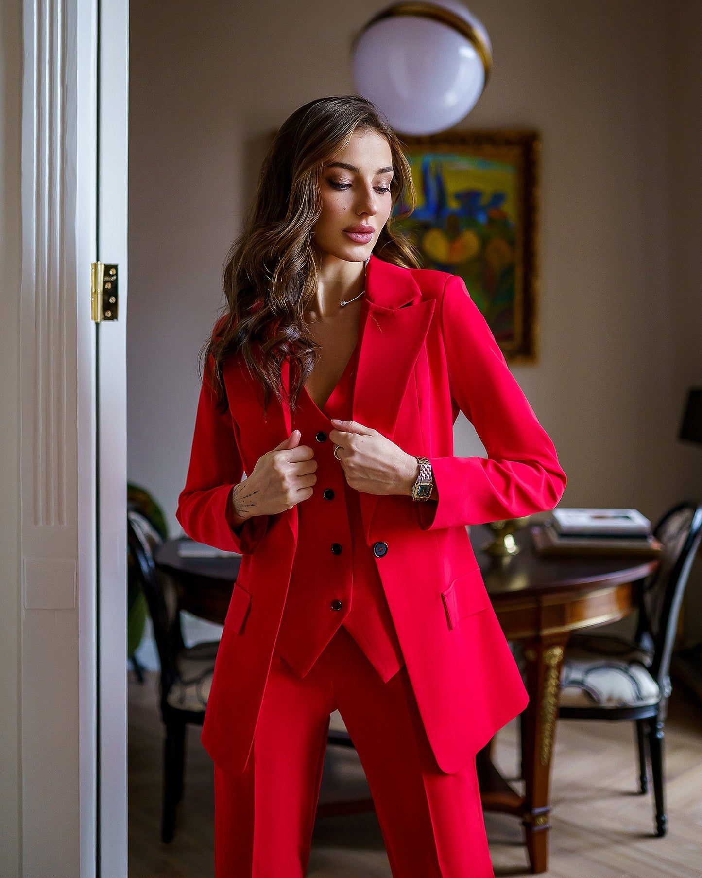 Red three-piece suit with vest